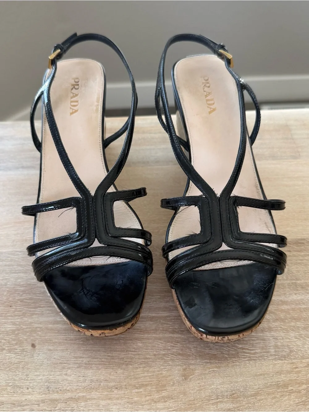 Prada Black Patent Cork Wedges